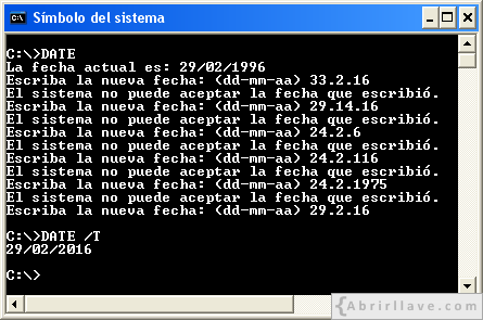 Ventana del Símbolo del sistema ejecutando date con fechas incorrectas - Ejemplo del tutorial de CMD de {Abrirllave.com