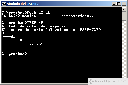 Ventana del Símbolo del sistema ejecutando el comando MOVE para mover la ubicación de un directorio - Ejemplo del tutorial de CMD de {Abrirllave.com