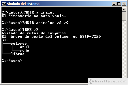 Ejemplo de uso del comando RMDIR para eliminar un directorio en modo silencioso, en el tutorial de CMD de {Abrirllave.com