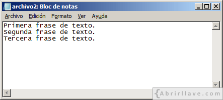 Ventana del Bloc de notas donde se muestra el contenido de archivo2.txt - Ejemplo del tutorial de CMD de {Abrirllave.com