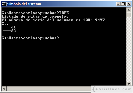 Ventana del Símbolo del sistema en Windows donde se muestra cómo visualizar la estructura de directorios con el comando TREE - Ejemplo del tutorial de CMD de {Abrirllave.com