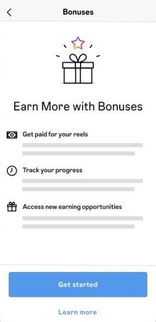 Pantalla de inicio sobre los bonus para reels en Instagram