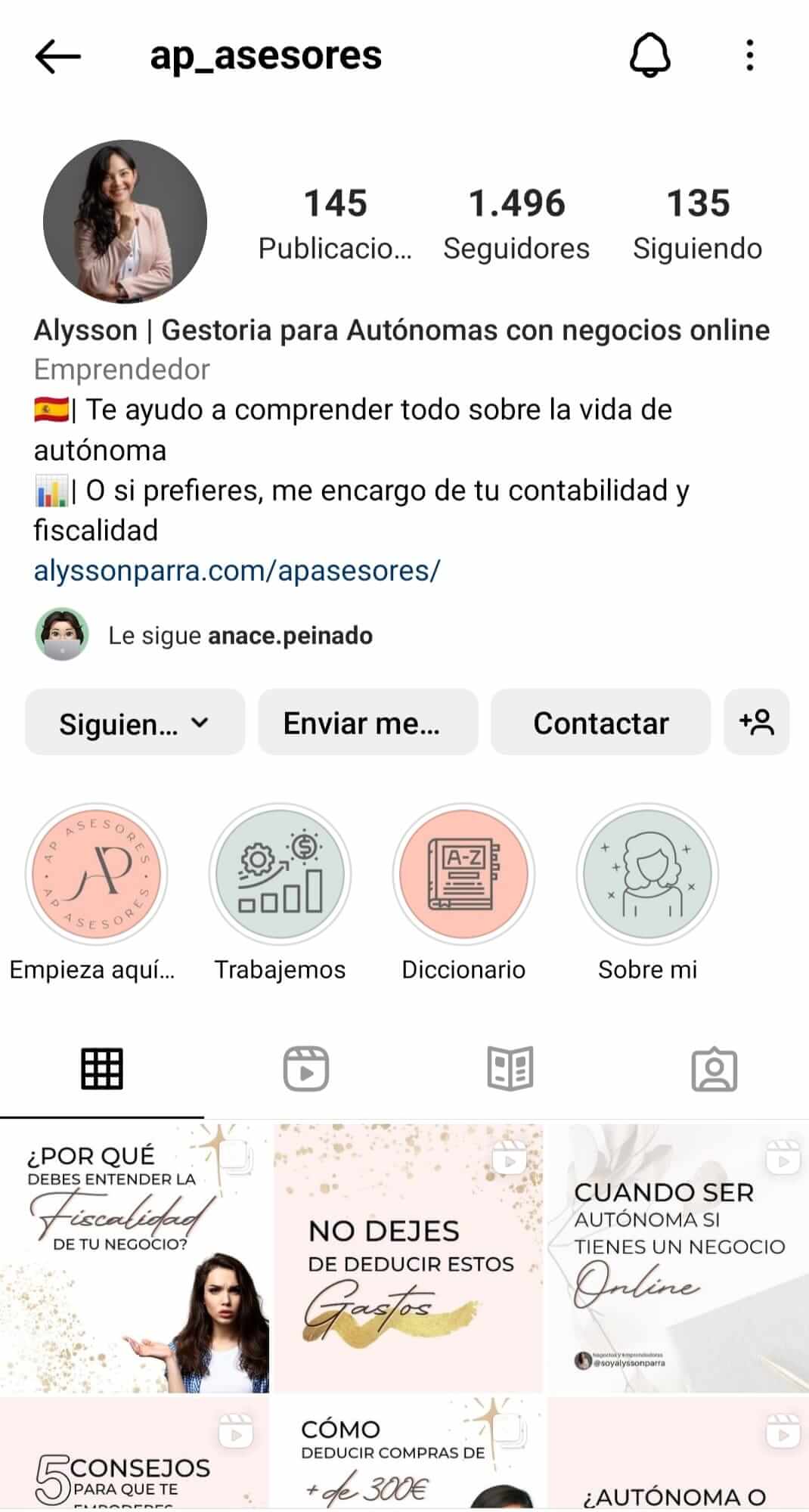 Perfil de Instagram de una asesoría para emprendedoras