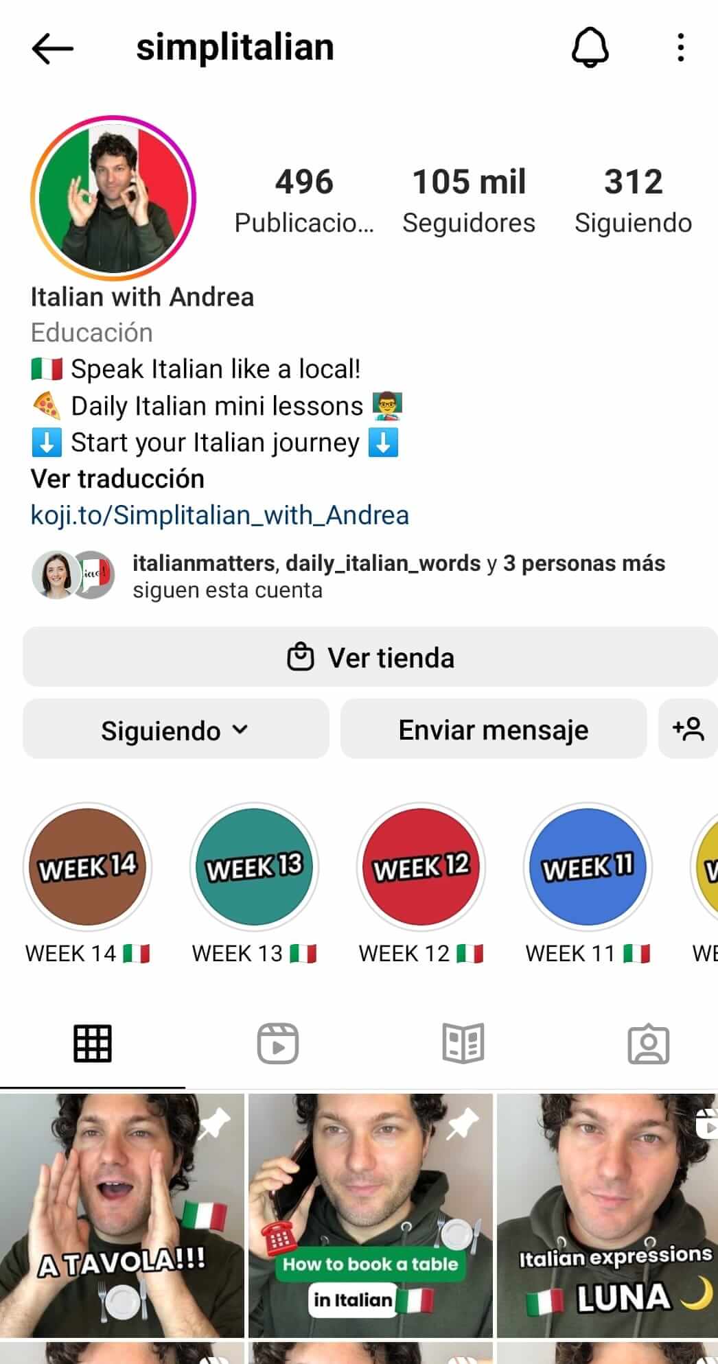 Cuenta de Instagram para aprender italiano