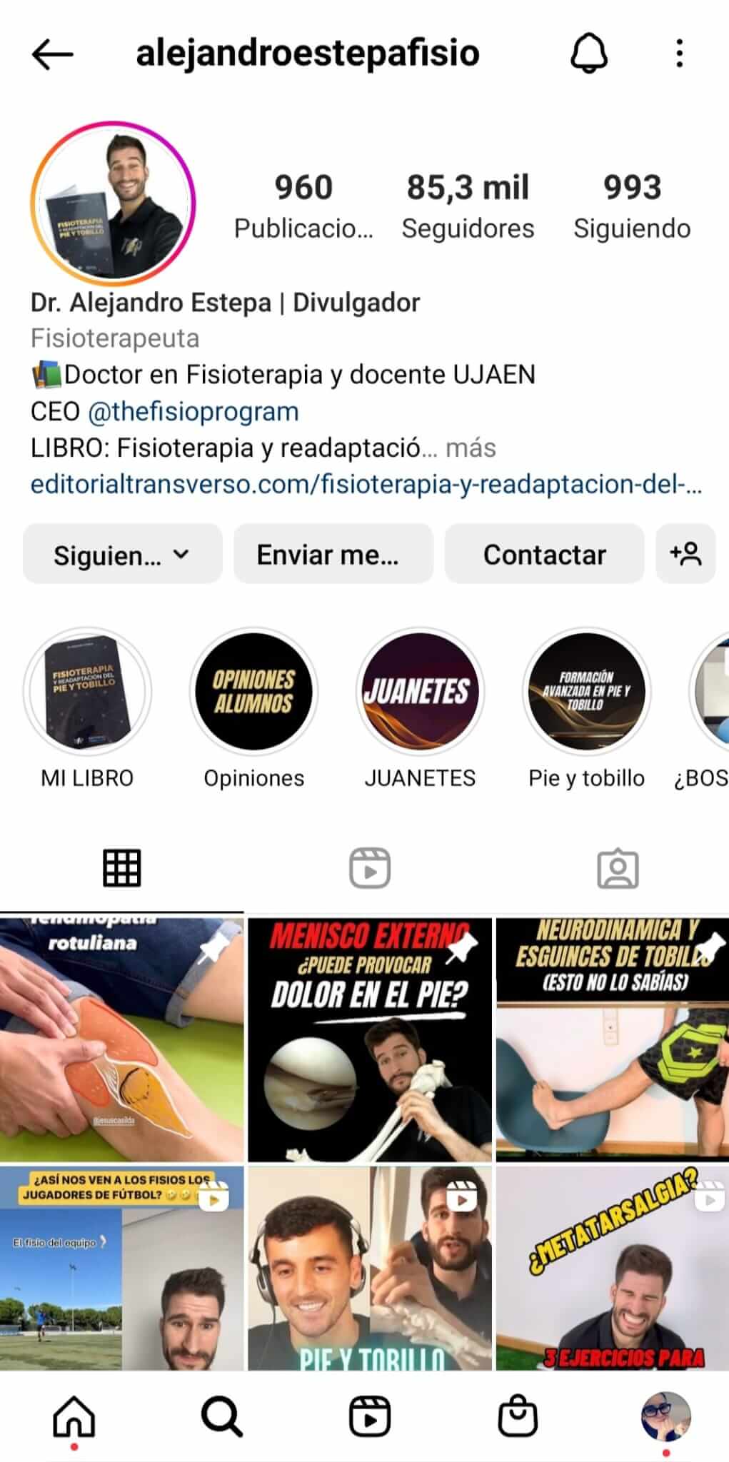 Cuenta de Instagram de un fisioterapeuta