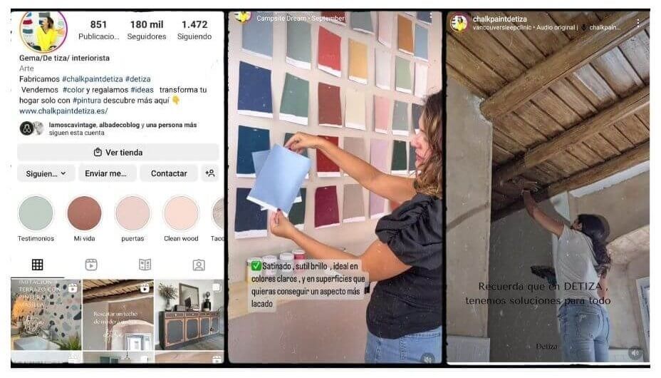 Perfil y 2 stories de un perfil de Instagram sobre manualidades y decoración