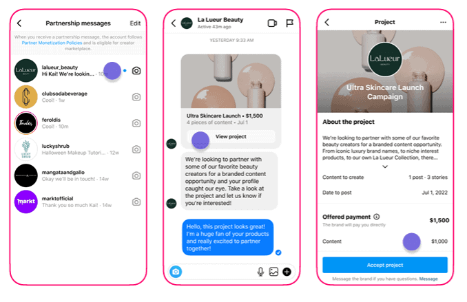 3 capturas de pantalla del Creator Marketplace de Instagram
