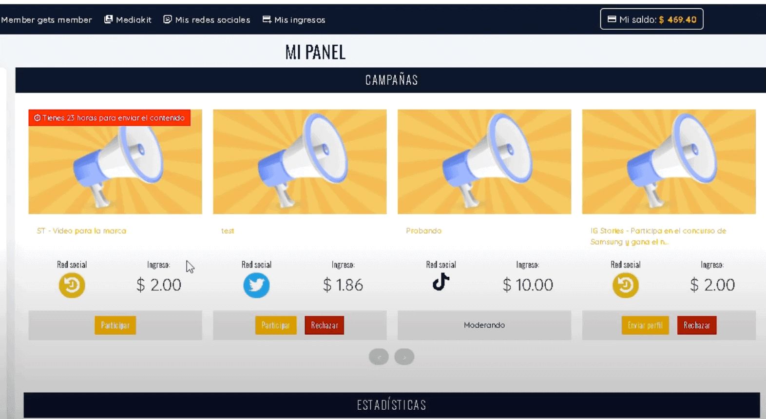 Panel de administración de SocialPubli con diferentes campañas para redes sociales