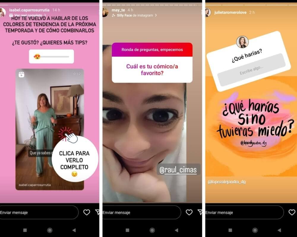 Stories de Instagram con diferentes stickers para dar like o comentar