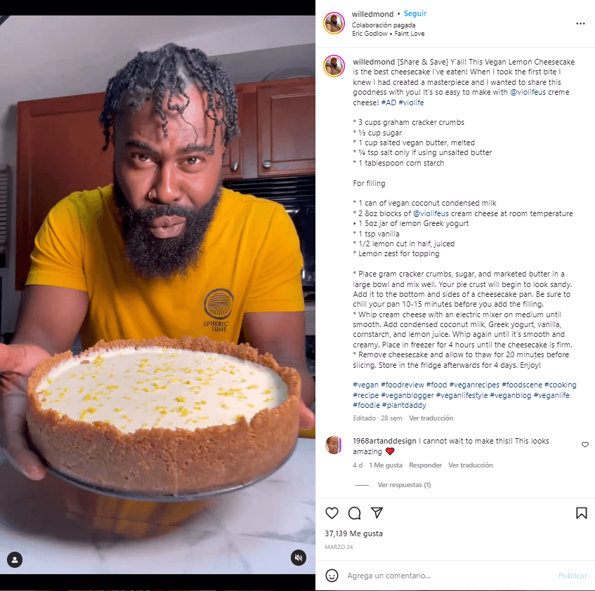 Publicación de Instagram con receta de pastel de limón