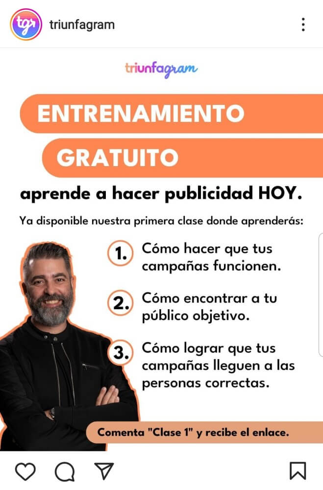 Anuncio en Instagram de un entrenamiento gratuito sobre publicidad
